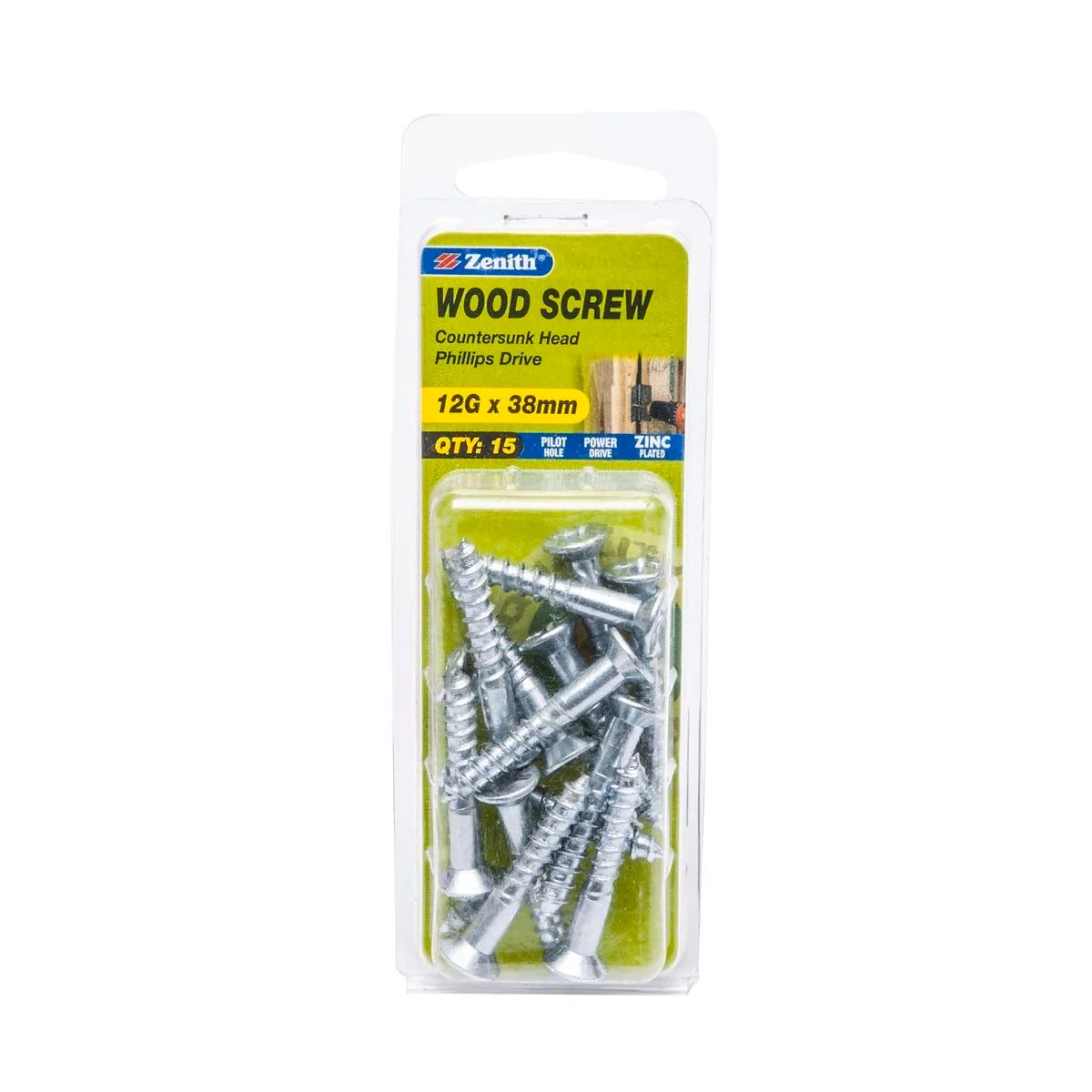 Zenith 12G x 38mm Zinc Plated Countersunk Head Wood Screws – 15 Pack