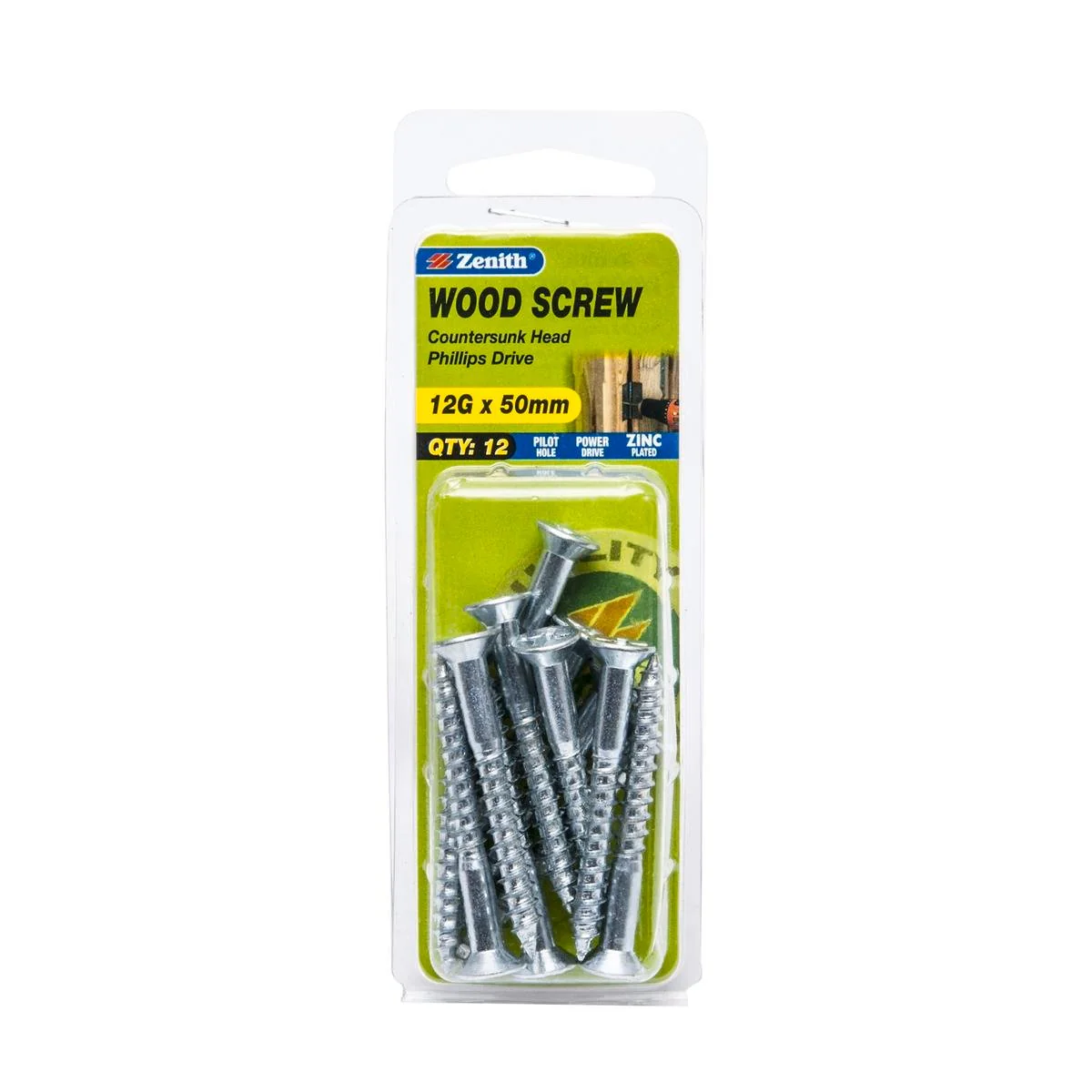 Zenith 12G x 50mm Zinc Plated Countersunk Head Wood Screws – 12 Pack