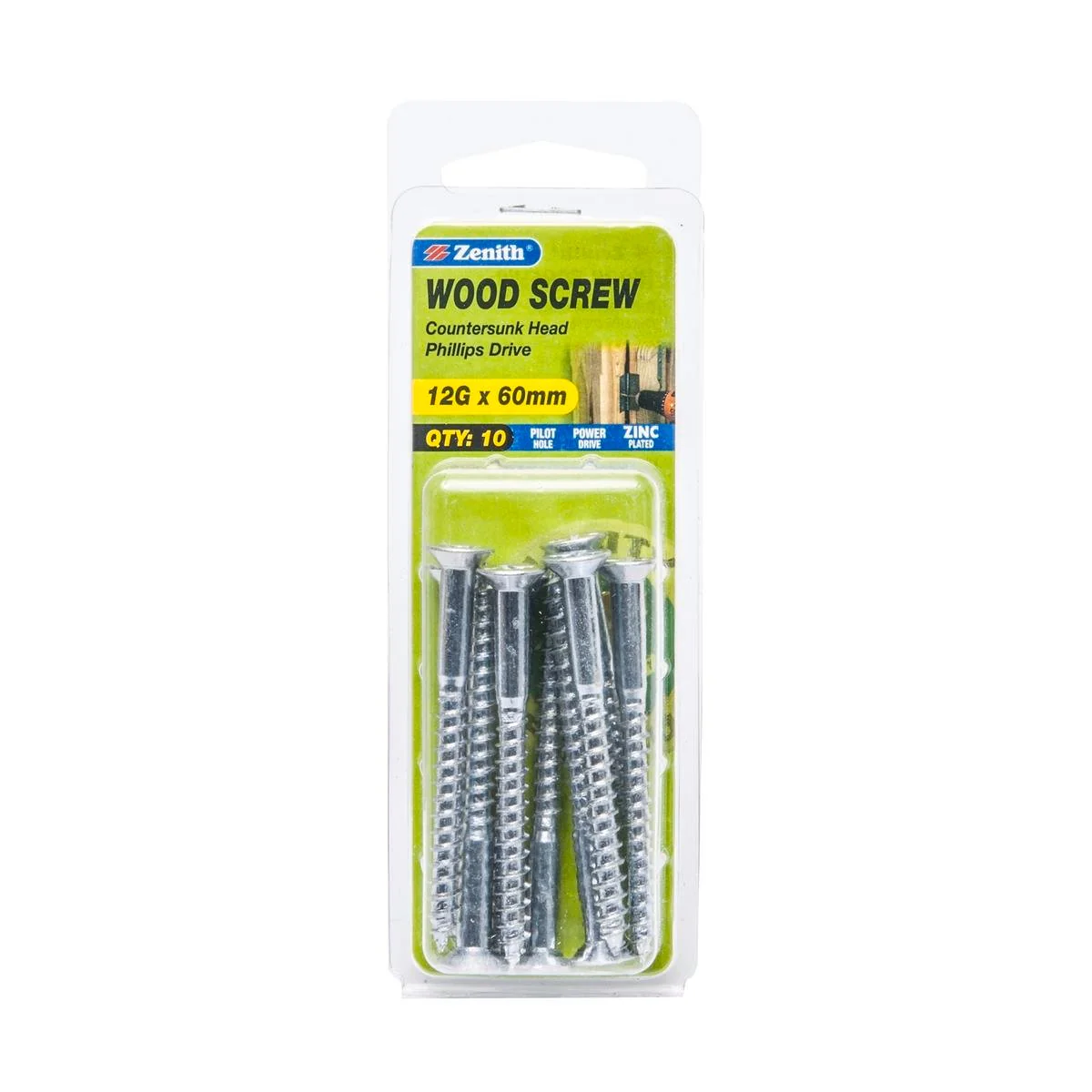 Zenith 12G x 60mm Zinc Plated Countersunk Head Wood Screws – 10 Pack