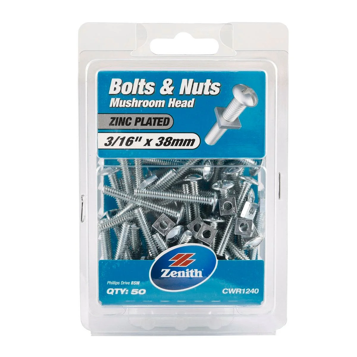 Zenith 3 Bolt and Nut 16 x 38mm Zinc Plated Mushroom Head 50 Pack - Durable Fastening Solutions