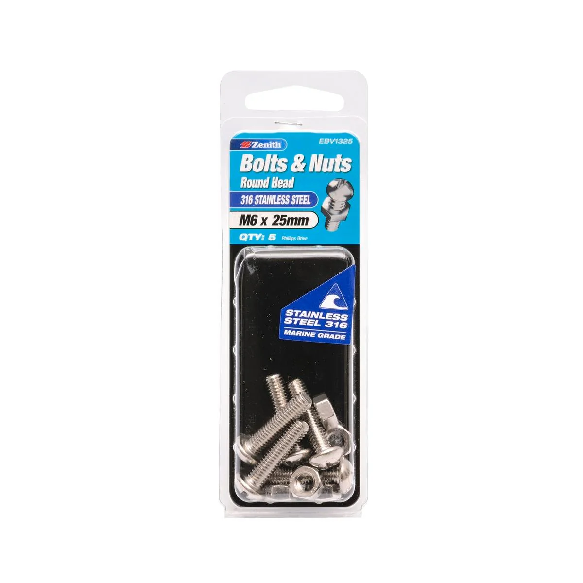 Zenith 316 Stainless Steel Round Head Bolt and Nut 25mm 5 Pack
