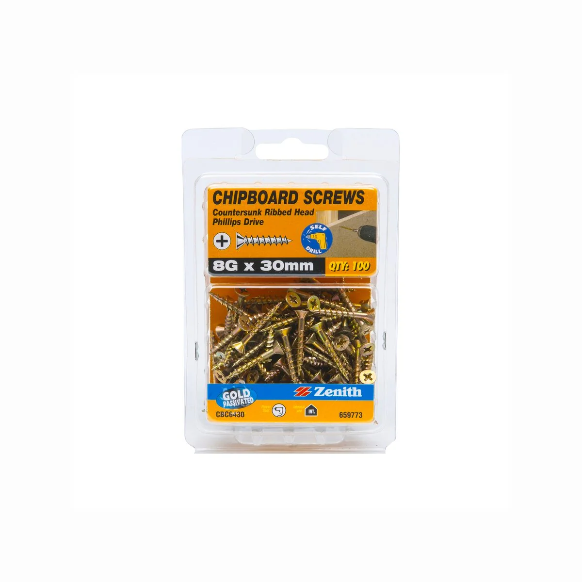 Zenith 8g Chipboard Screws - Countersunk Rib Head - 30mm - Gold - 100 Pack - Image 2