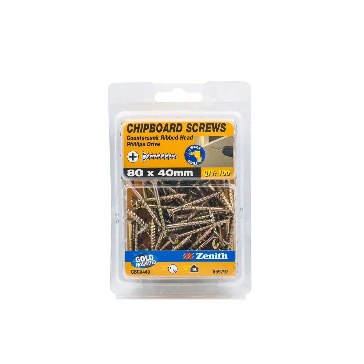 Zenith 8g Chipboard Screws - Countersunk Rib Head - 40mm - Gold - 100 Pack - Image 2