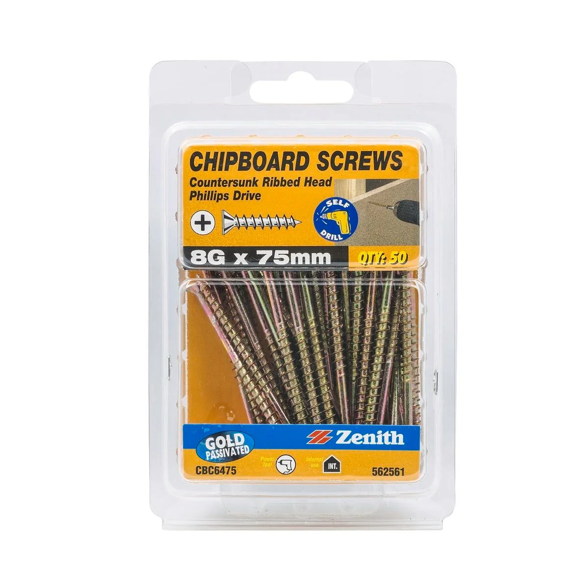 Zenith 8g Chipboard Screws - Countersunk Rib Head - 75mm - Gold - 50 Pack