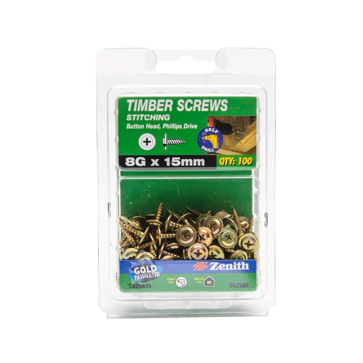 Zenith 8g x 15mm Gold Passivated Button Head Timber Screws - 100 Pack
