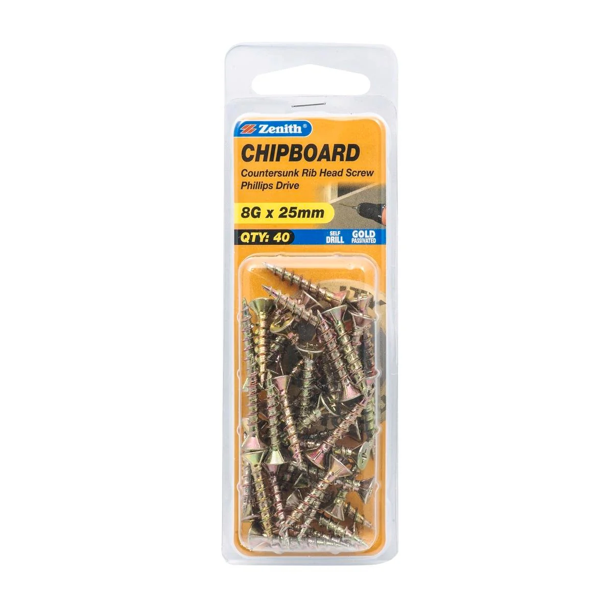Zenith 8g x 25mm Countersunk Chipboard Screws - Gold - 40 Pack - Self-Drilling