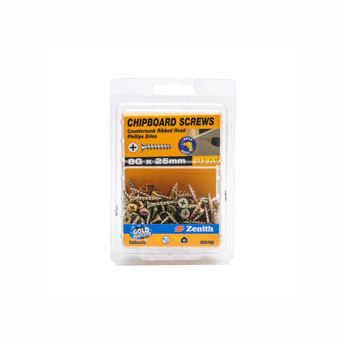 Zenith 8g x 25mm Gold Chipboard Screws - 100 Pack - Countersunk Rib Head - Durable - Image 2