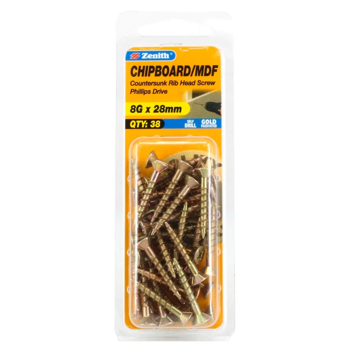Zenith 8g x 28mm Gold Passivated Chipboard Screws - 38 Pack - Countersunk