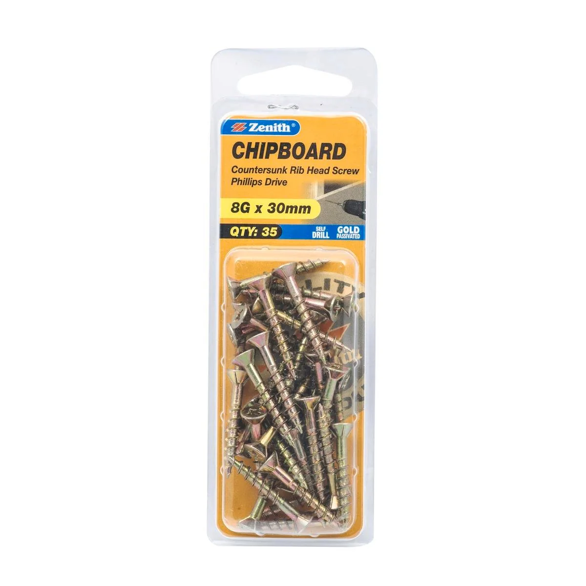 Zenith 8g x 30mm Countersunk Rib Head Chipboard Screws - 35 Pack - Gold - Self-Drilling