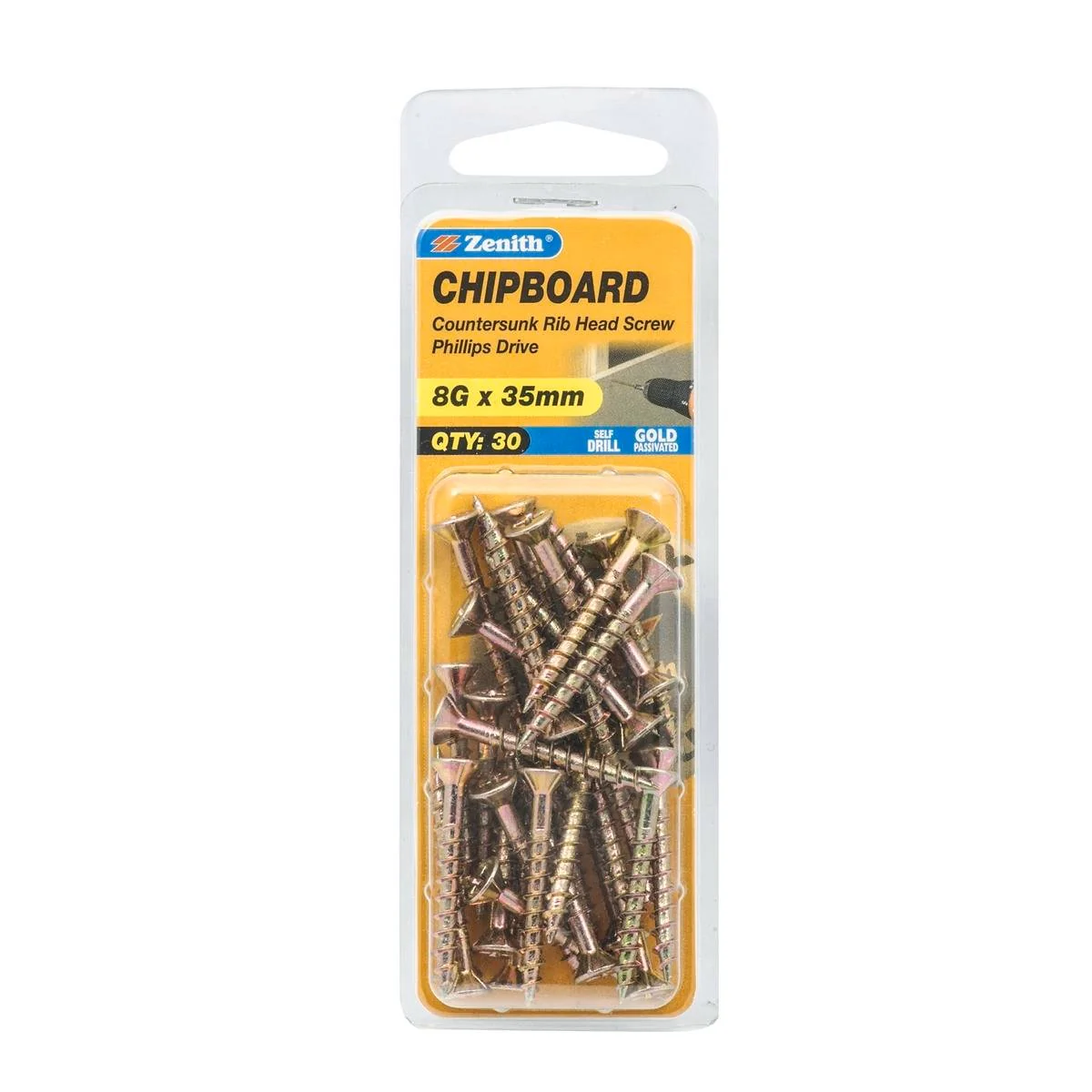 Zenith 8g x 35mm Gold Passivated Chipboard Screw - 30 Pack - Self-Drilling