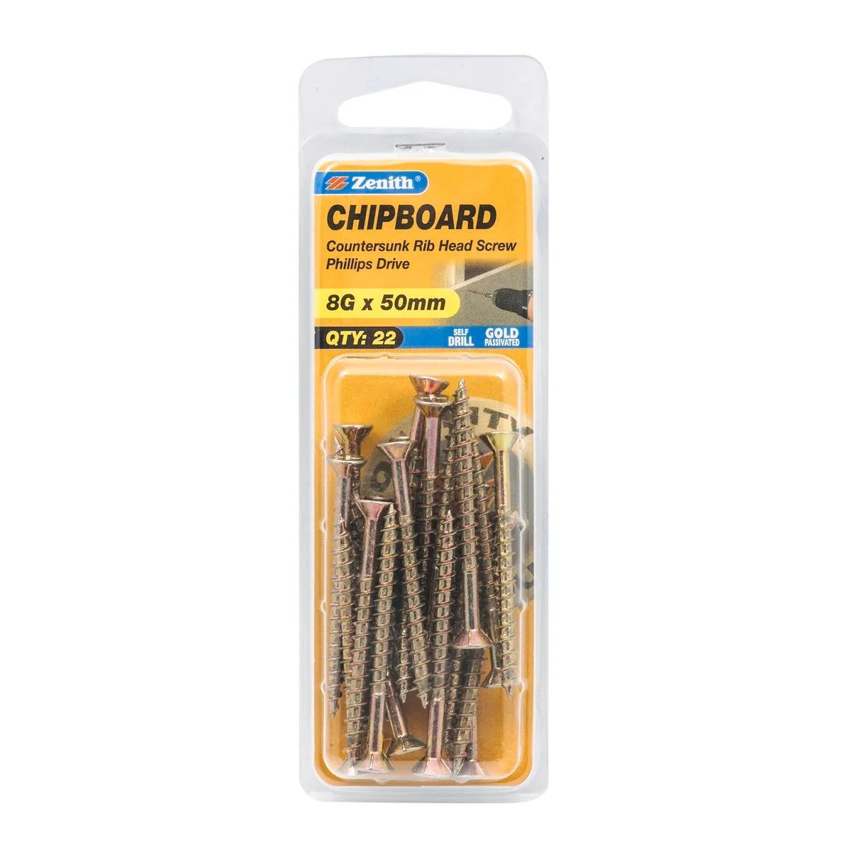 Zenith 8g x 50mm Gold Passivated Countersunk Rib Head Chipboard Screws - 22 Pack - Coarse Thread - Self-Drilling