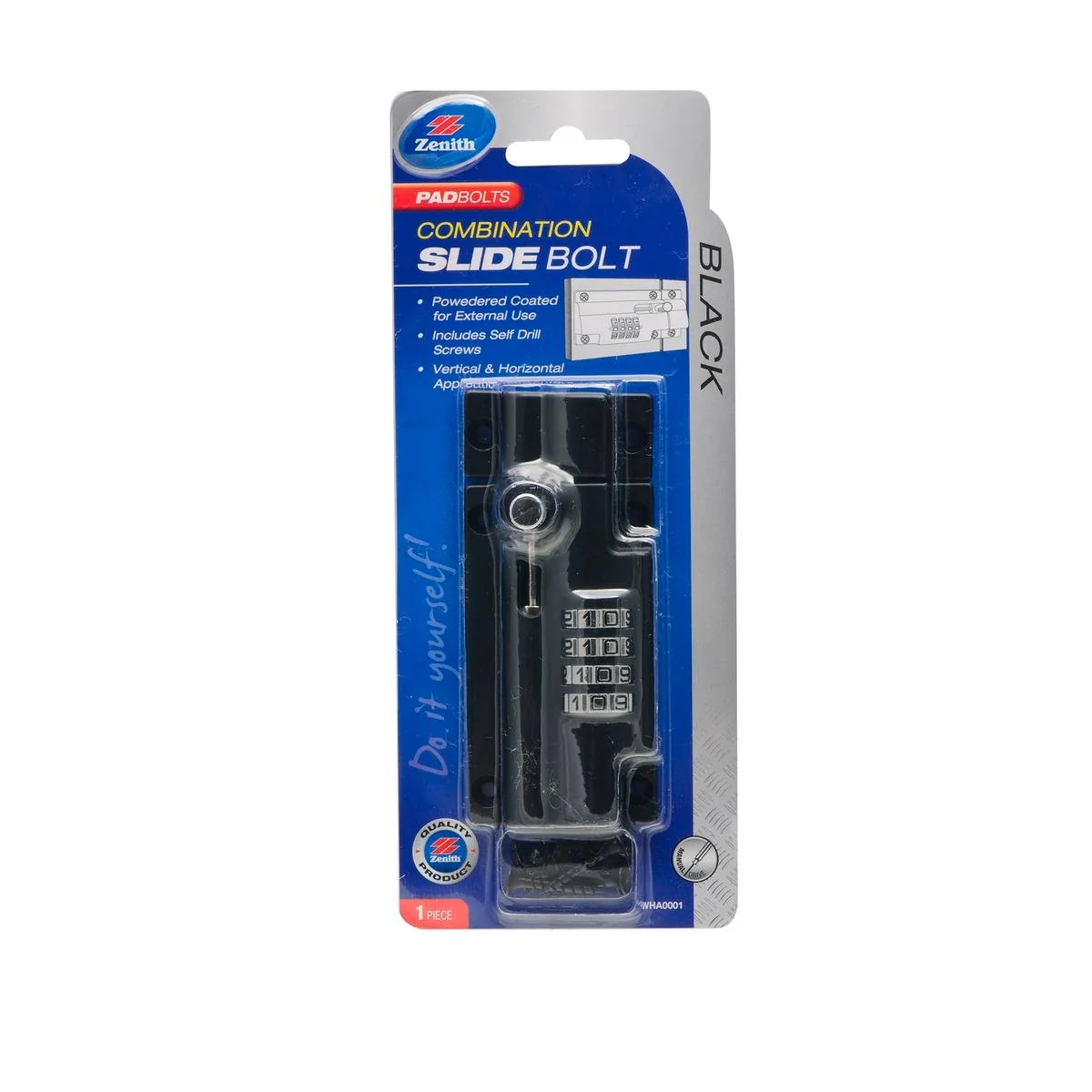 Zenith Black Combination Slide Bolt Lock - 50mm Steel - Rust Protective