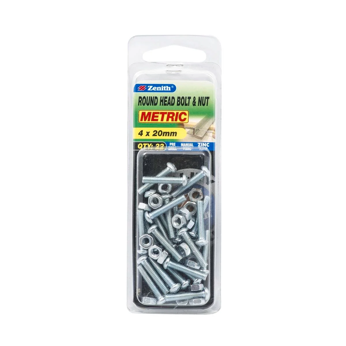 Zenith Bolt and Nut - M4 x 20mm - Zinc Plated - Round Head - 22 Pack