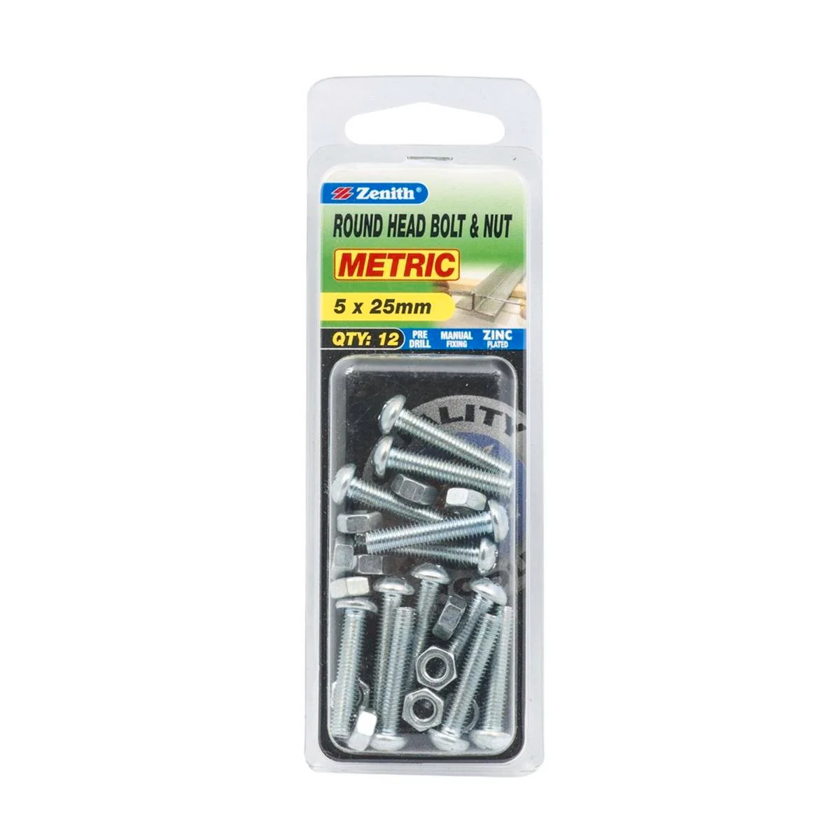 Zenith Bolt and Nut - M5 x 25mm - Zinc Plated - Round Head - 12 Pack