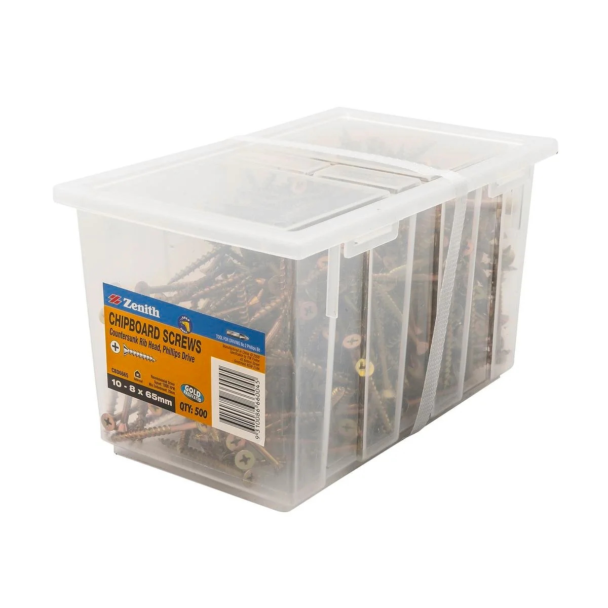 Zenith Chipboard Screws - 10 8 x 65mm Gold Passivated - 500 Pack - Countersunk