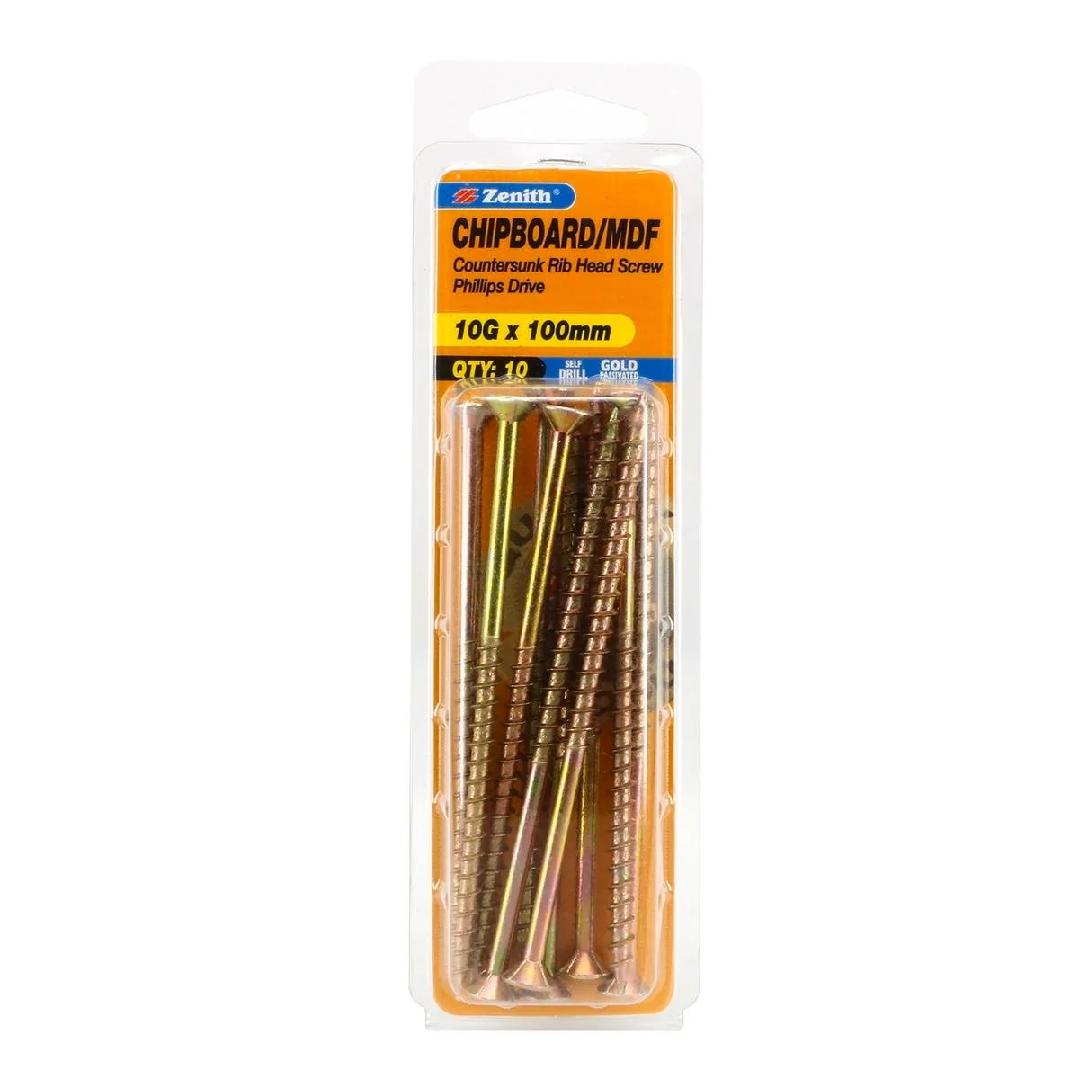Zenith Chipboard Screws - 10g x 100mm - Gold Passivated - 10 Pack - Rib Head