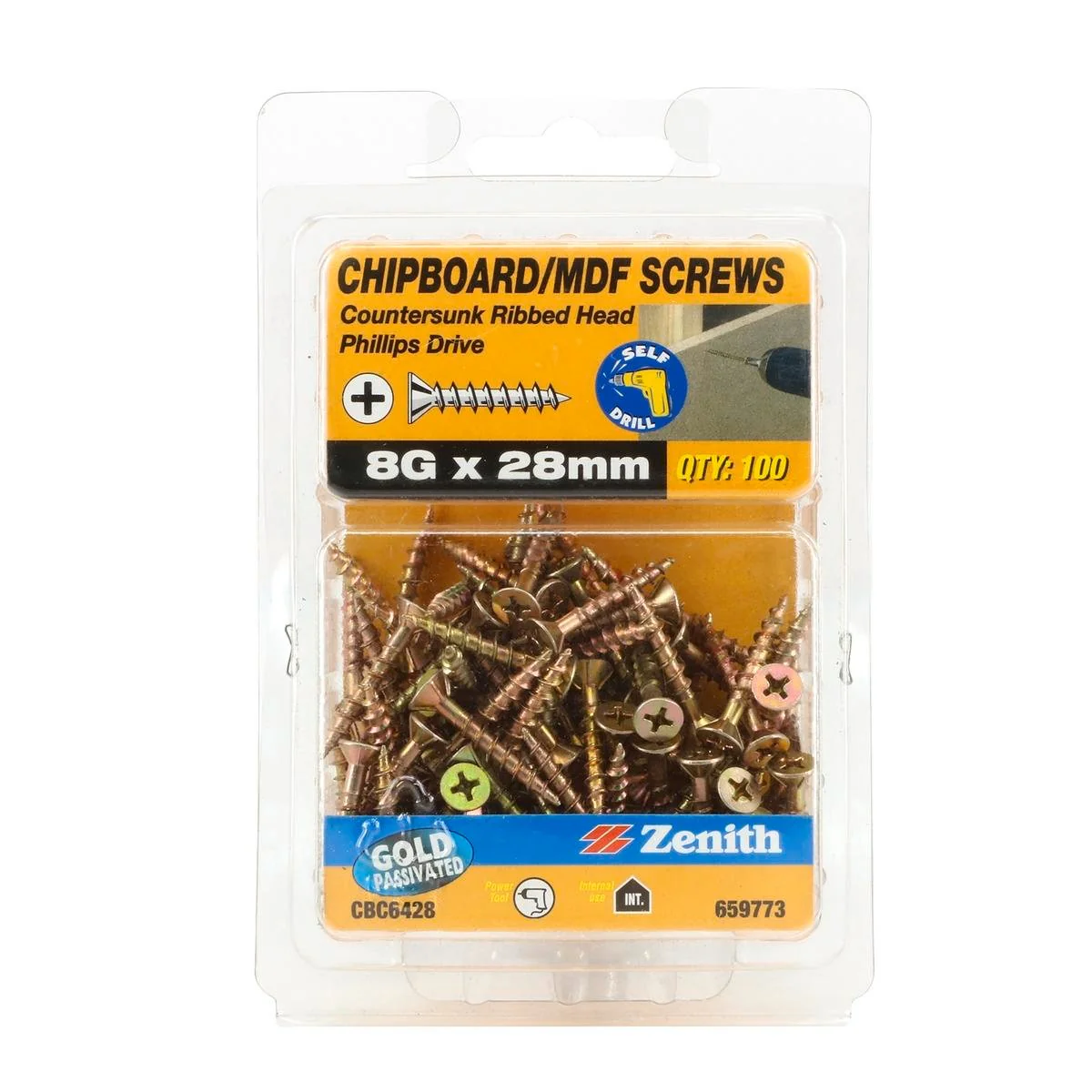 Zenith Chipboard Screws - 8g x 28mm Gold Passivated - 100 Pack - Countersunk