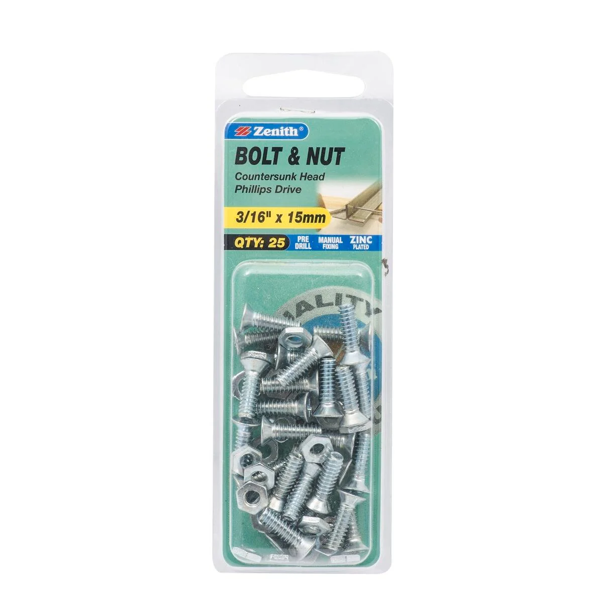 Zenith Countersunk Bolt & Nut - 3/16 x 15mm - Zinc Plated - 25 Pack
