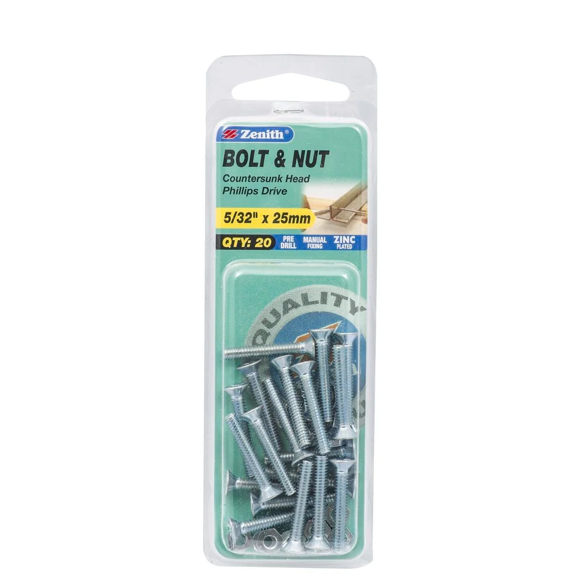 Zenith Countersunk Head Bolt - 5/32 x 25mm - Zinc Plated - Flush Finish - 20 Pack
