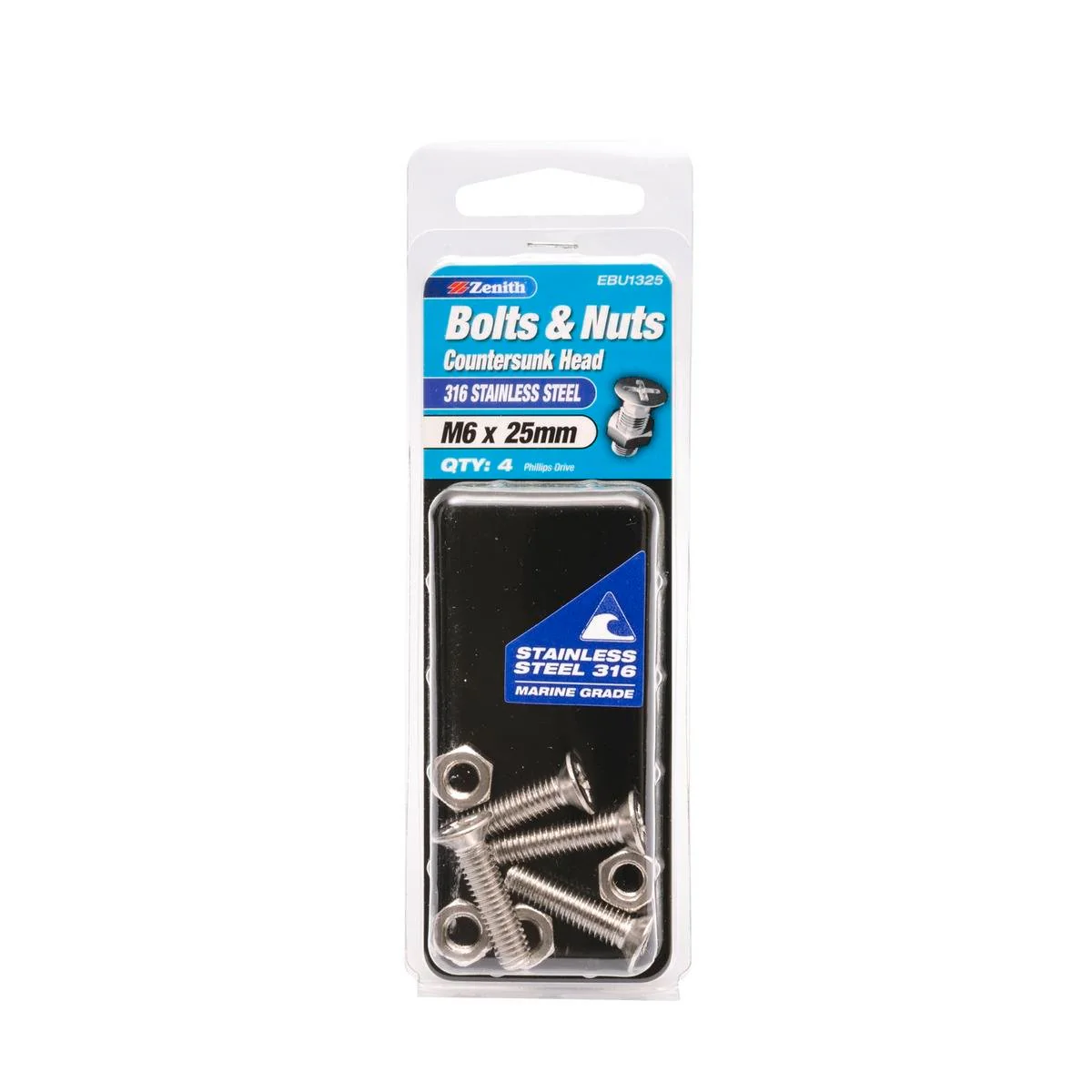 Zenith Countersunk Head Bolt - M6 x 25mm - Stainless Steel - Marine Grade - 4 Pack
