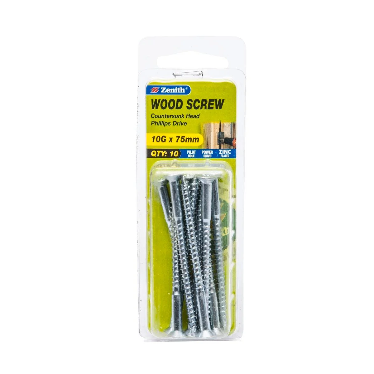 Zenith Countersunk Head Wood Screw - 10g x 75mm - Zinc Plated - 10 Pack