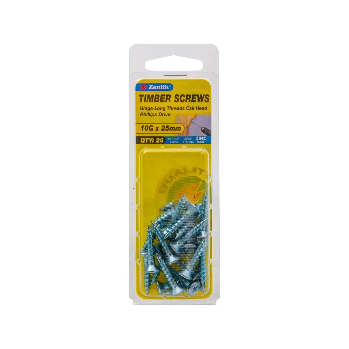 Zenith Countersunk Head Wood Screws - 10g x 25mm - Zinc Plated - 25 Pack