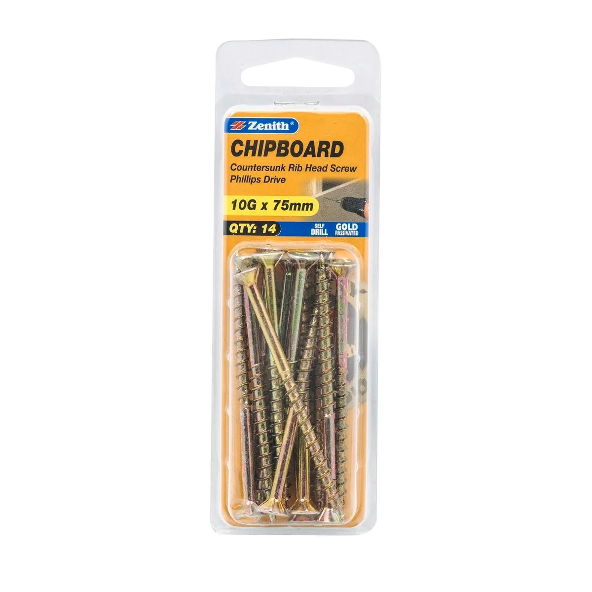 Zenith Countersunk Rib Head Chipboard Screws 10g x 75mm - 14 Pack - Gold