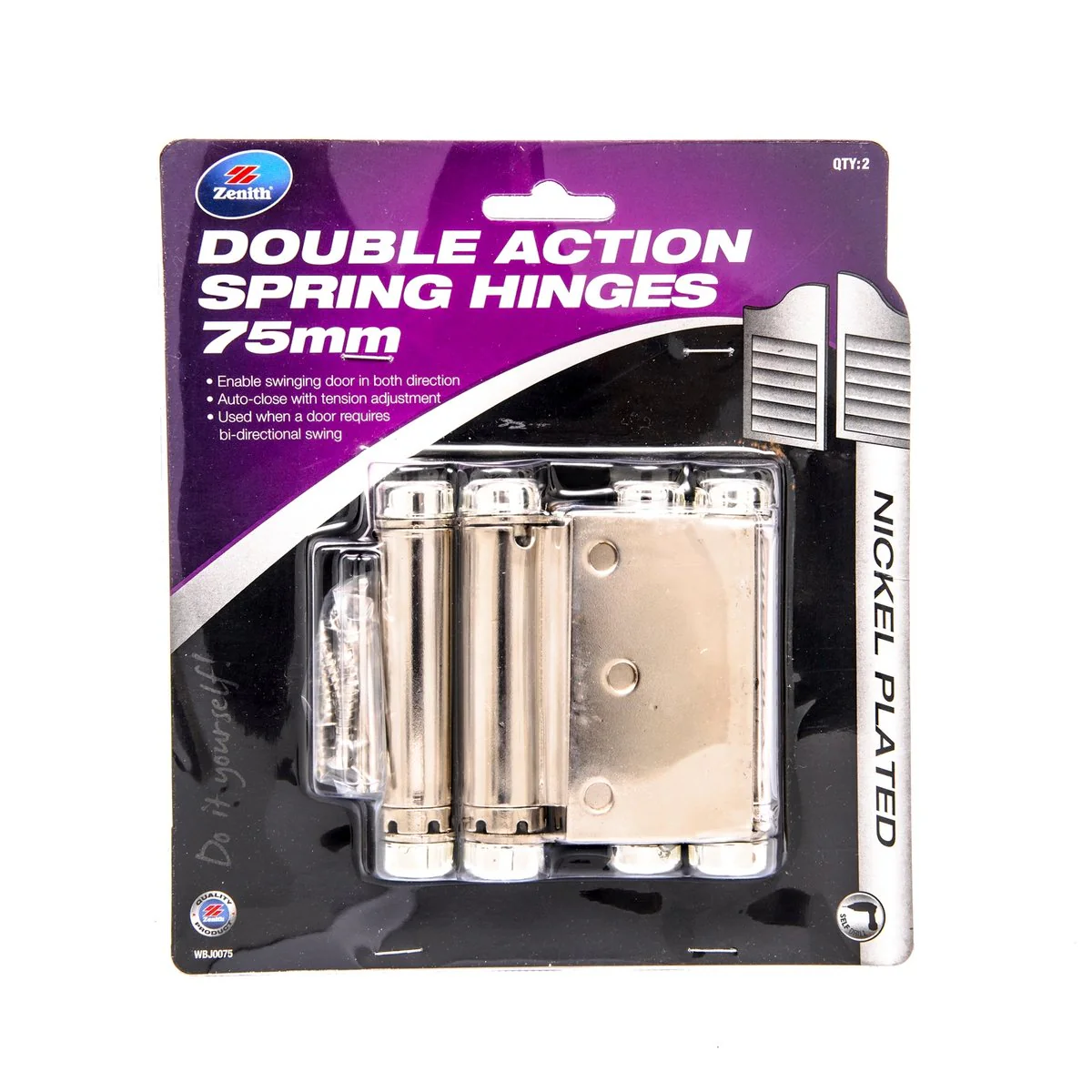 Zenith Double Action Spring Hinge - 75mm x 82.5mm - Nickel Plated - Auto-Close - 2 Pack - Image 2