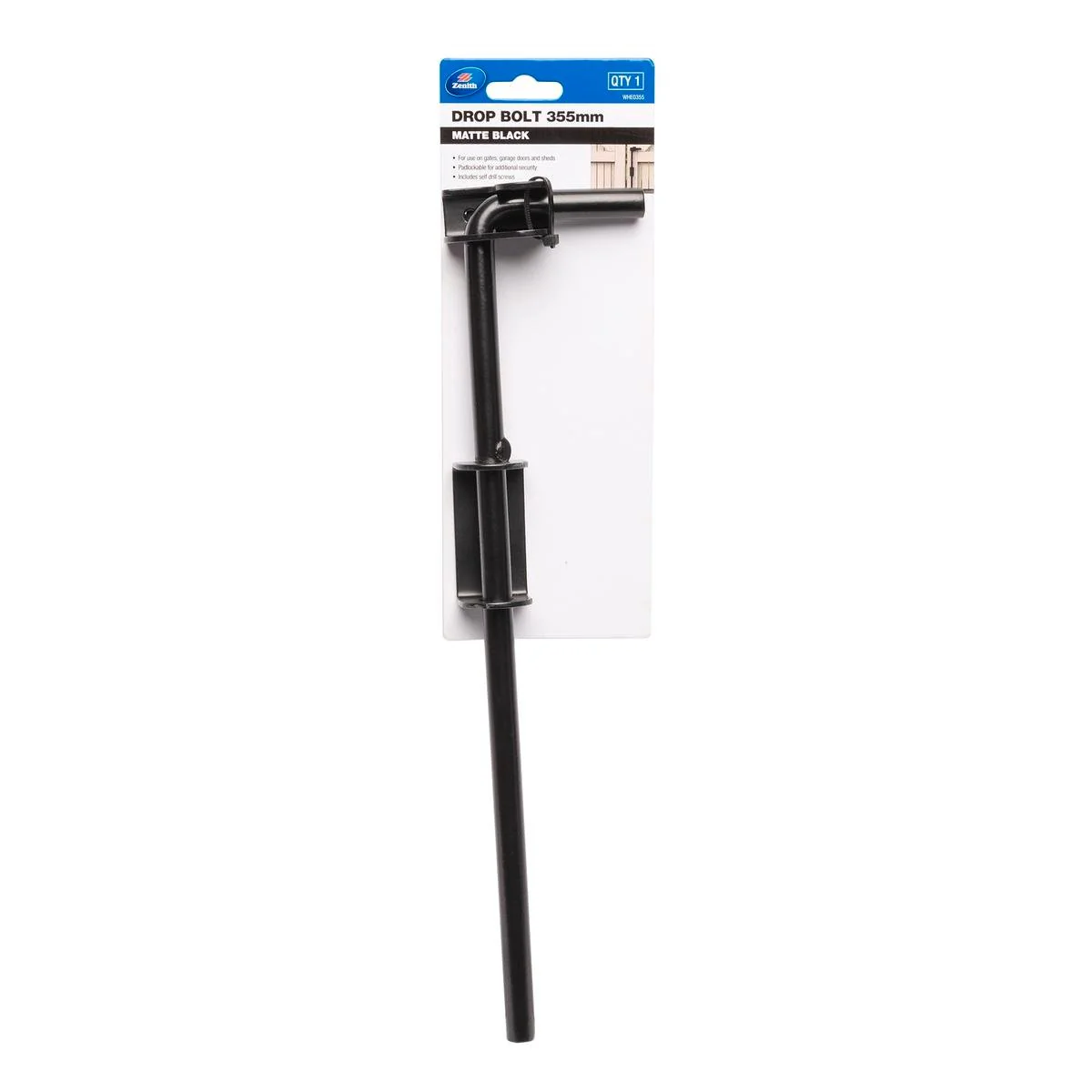 Zenith 355mm Drop Bolt - Matte Black - Steel - Padlockable - WHE0355