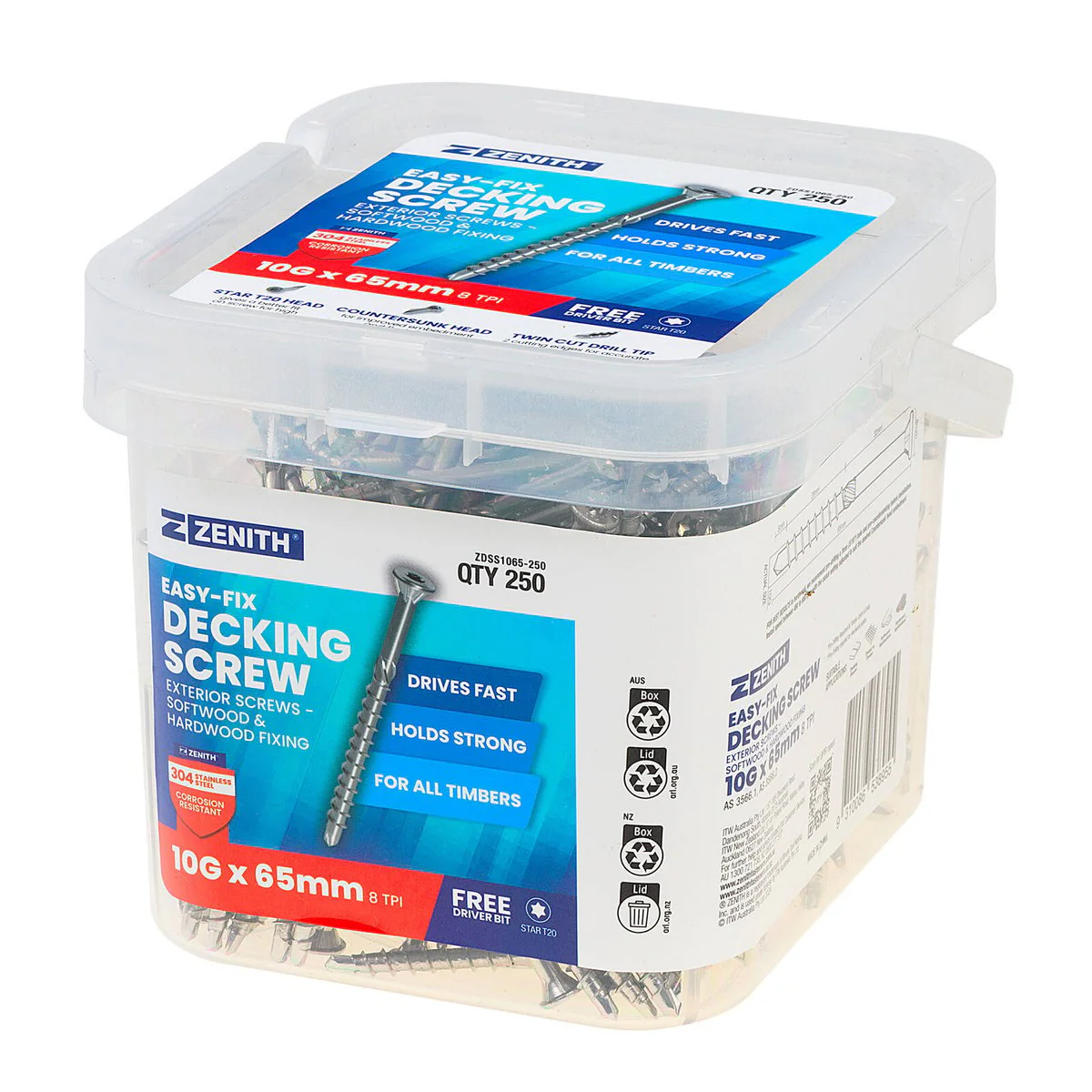 Zenith Easy Fix Decking Screw T20 10g x 65mm SS304 - 250 Pack - Corrosion Resistant - Image 2
