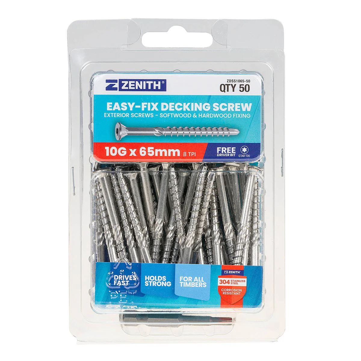 Zenith Easy Fix Decking Screw T20 10g x 65mm SS304 - 50 Pack - Corrosion Resistant