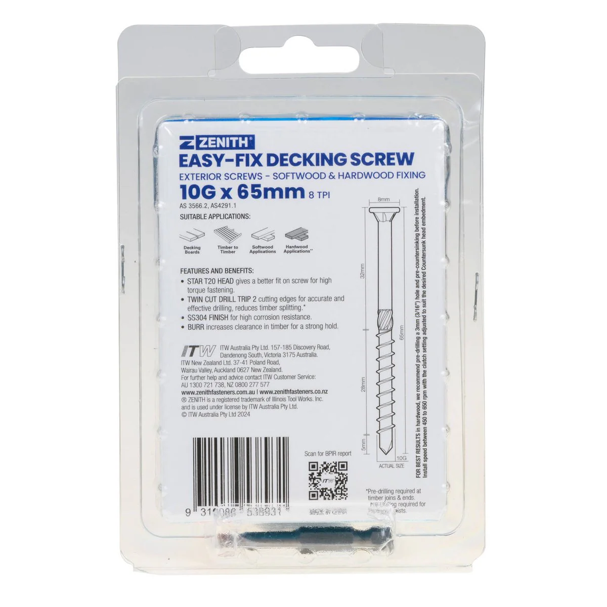 Zenith Easy Fix Decking Screw T20 10g x 65mm SS304 - 50 Pack - Corrosion Resistant - Image 3