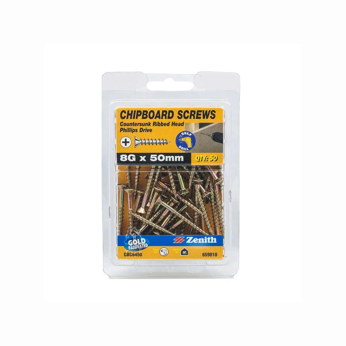 Zenith Gold Passivated Chipboard Screws - 8g x 50mm - 50 Pack - Countersunk Rib Head - Image 2