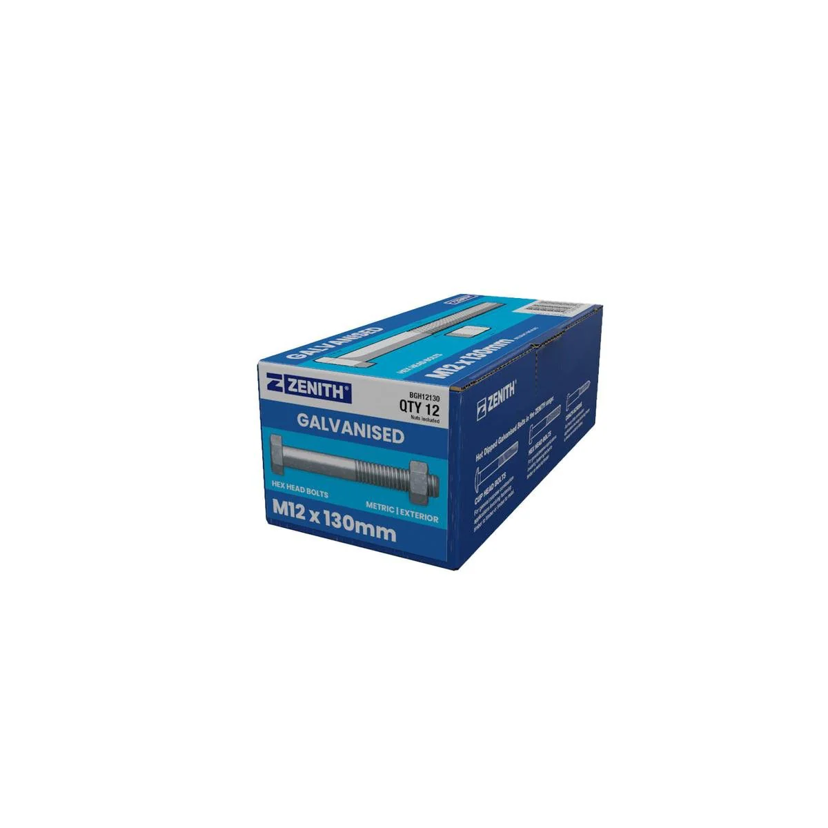 Zenith Hex Head Bolt - M12 x 130mm - 12 Pack - Hot Dipped Galvanised