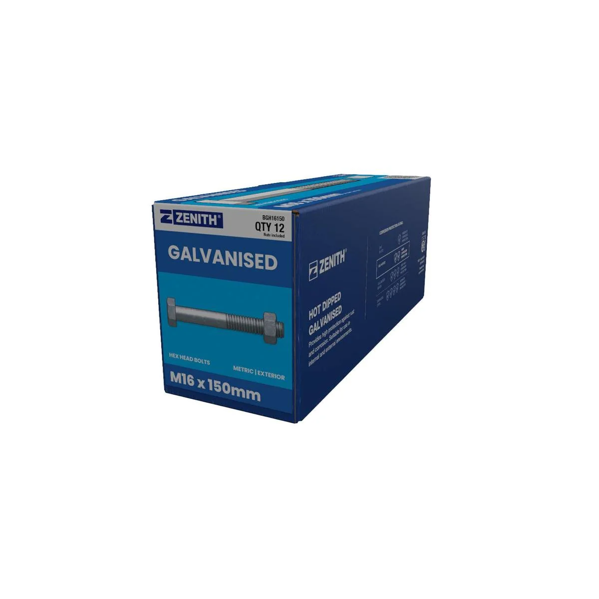 Zenith Hex Head Bolt - M16 x 150mm - 12 Pack - Hot Dip Galvanised