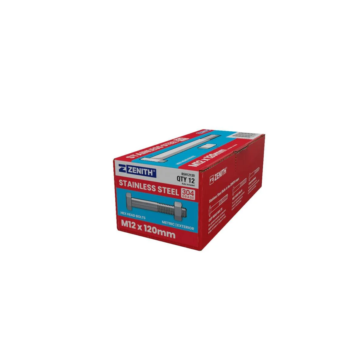 Zenith Hex Head Bolts & Nuts - M12 x 120mm - 12 Pack - Stainless Steel 304 - Rust Resistant
