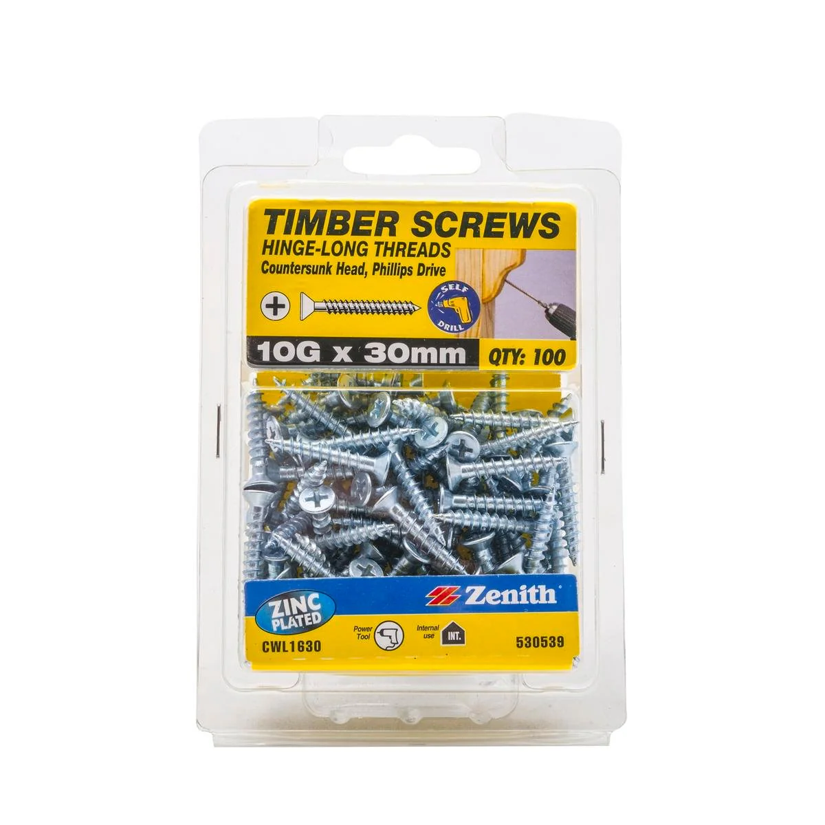 Zenith Hinge Long Thread Screw - 10g x 30mm - 100 Pack - Zinc Plated Countersunk