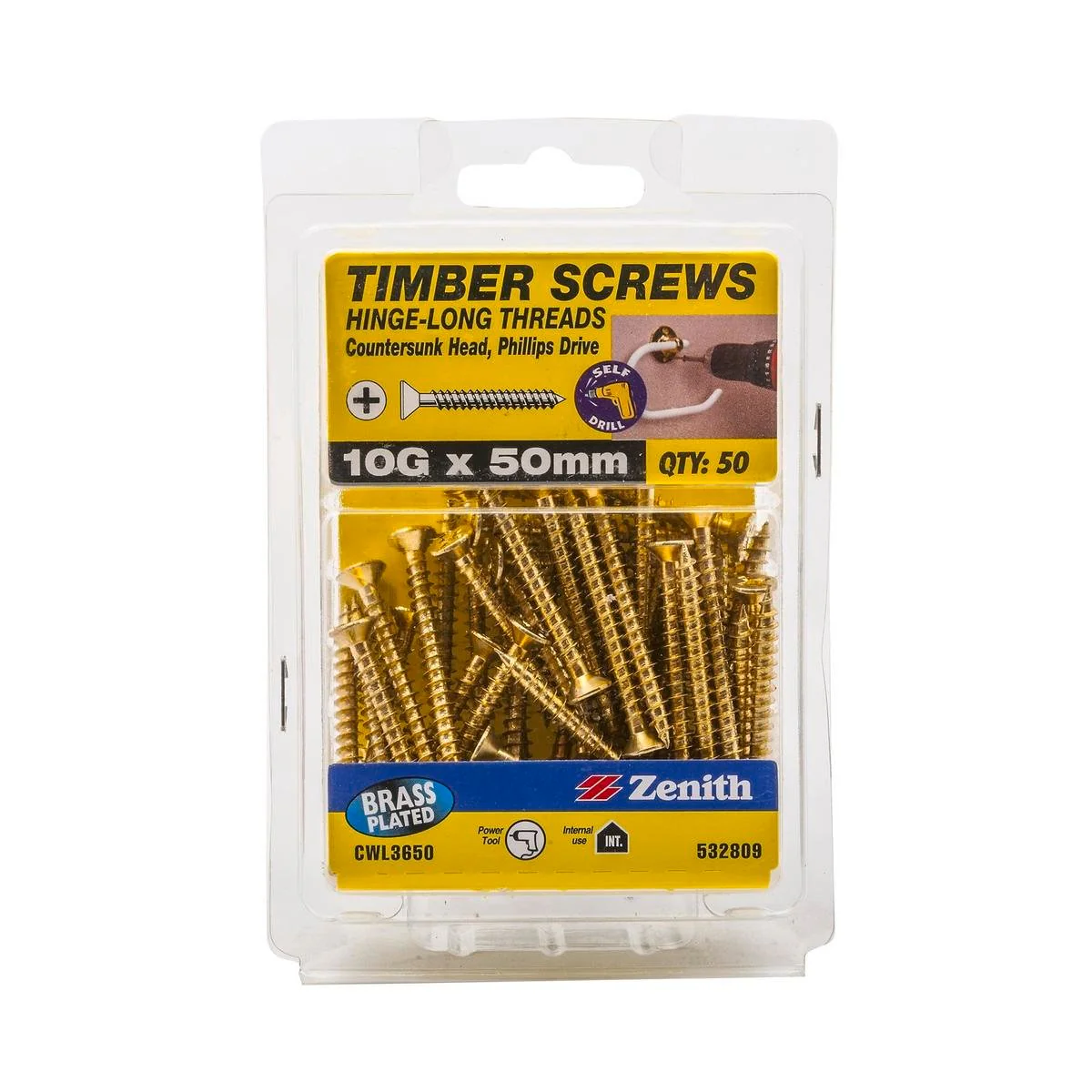 Zenith Hinge Long Thread Screw - 10g x 50mm - Brass Plated - 50 Pack