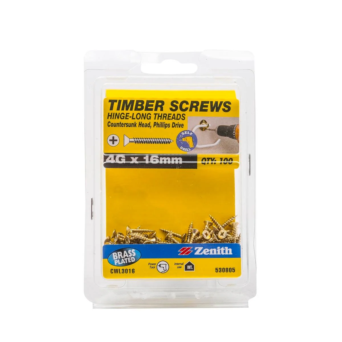Zenith Hinge Long Thread Screw - 4g x 16mm - Brass Plated - 100 Pack