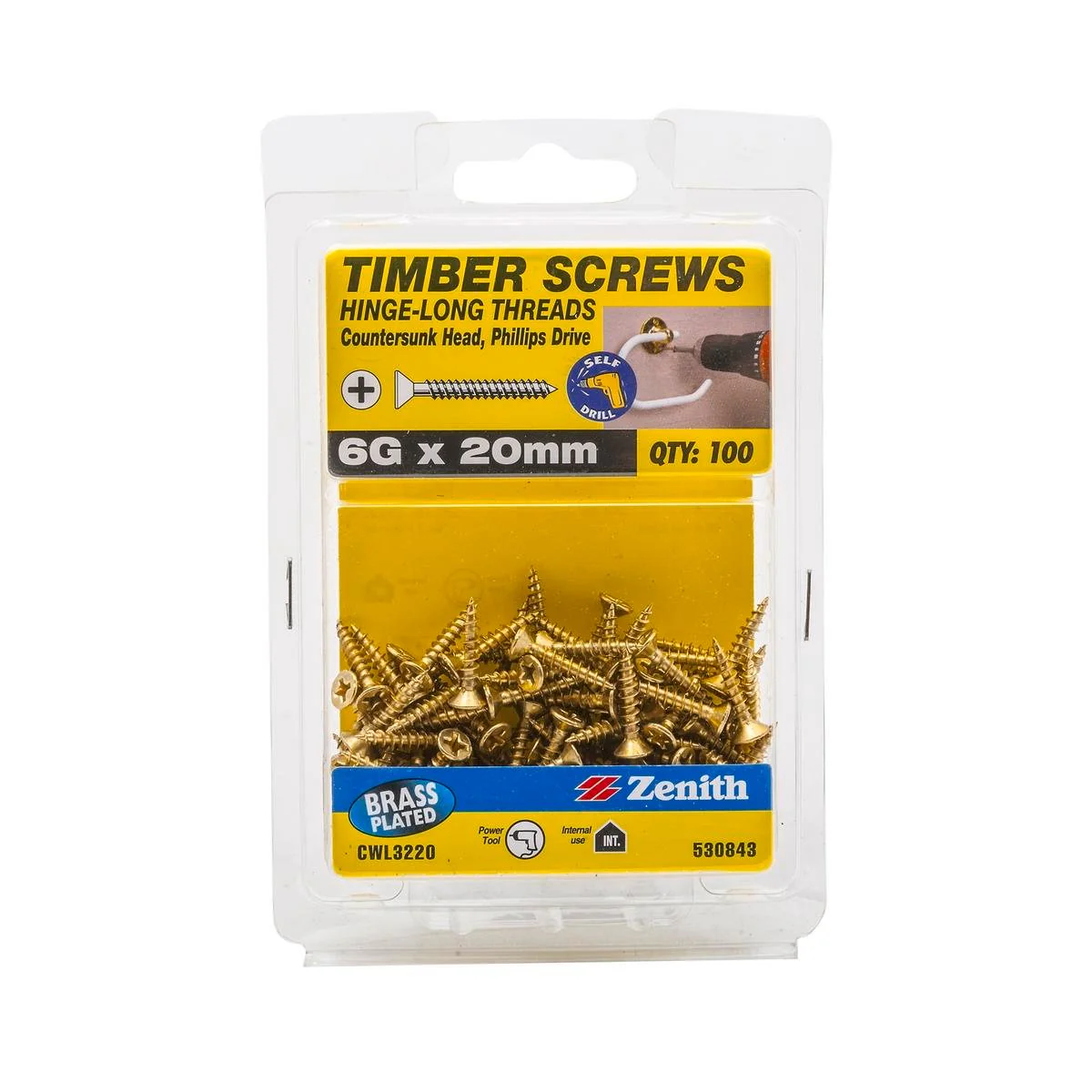 Zenith Hinge Long Thread Screw - 6g x 20mm - Brass Plated - 100 Pack