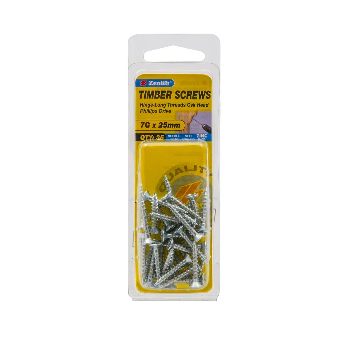 Zenith Hinge Long Thread Screw - 7g x 25mm - Zinc Plated - 35 Pack