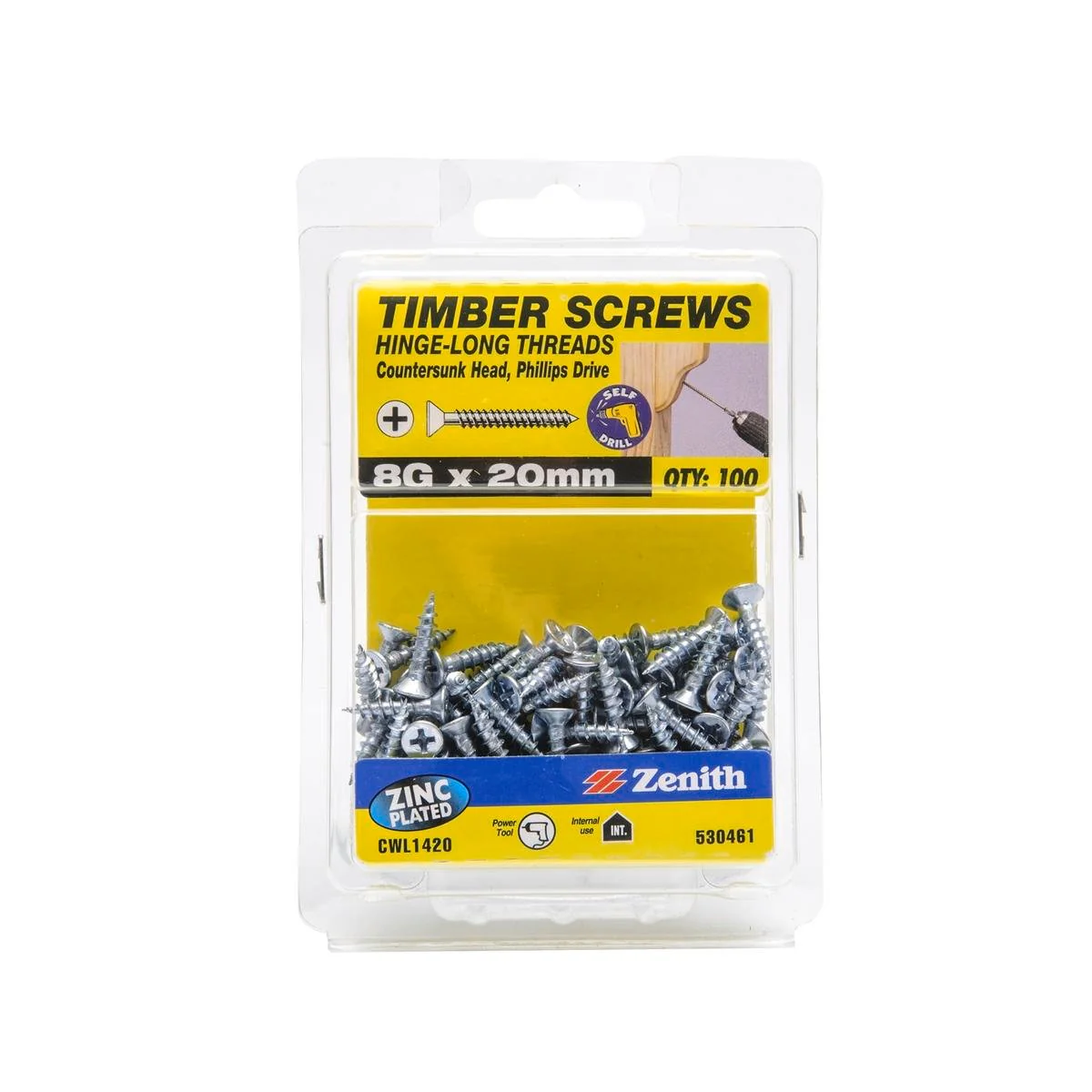 Zenith Hinge Long Thread Screw - 8g x 20mm - Zinc Plated - 100 Pack