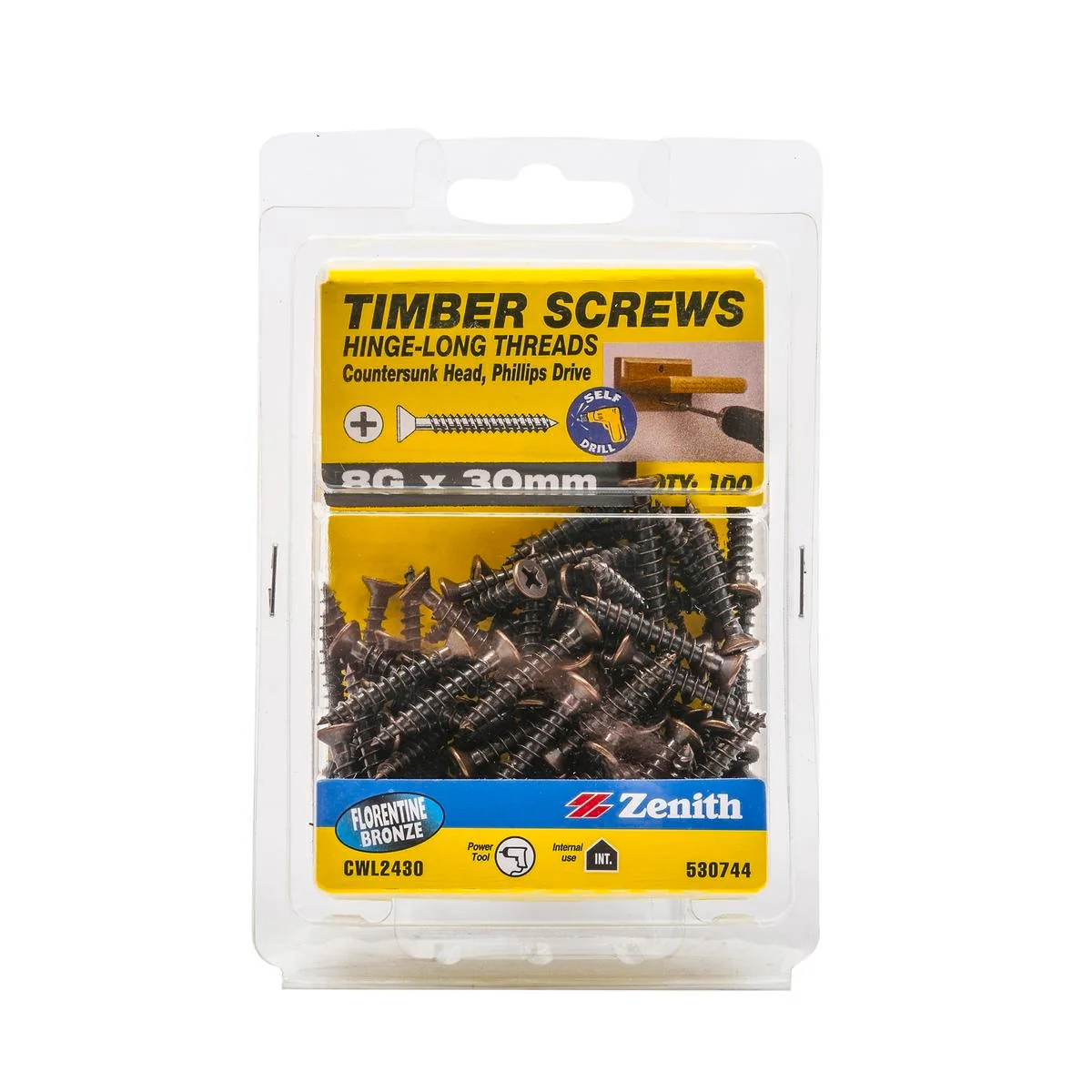 Zenith Hinge Long Thread Screw - 8g x 30mm - Florentine Bronze - 100 Pack
