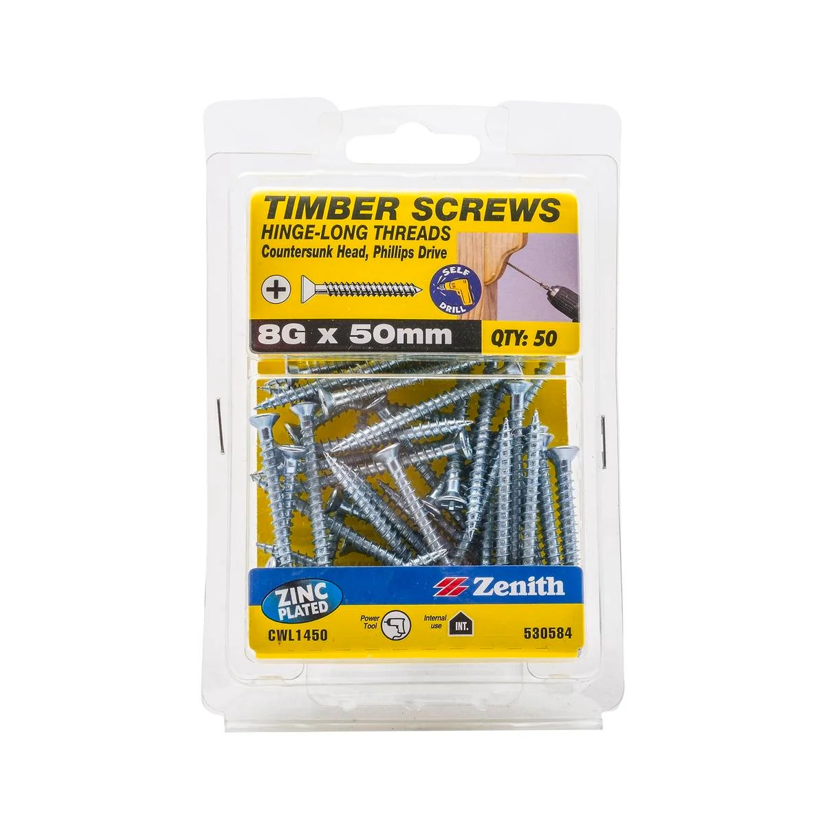 Zenith Hinge Long Thread Screw - 8g x 50mm - Zinc Plated - Countersunk - 50 Pack