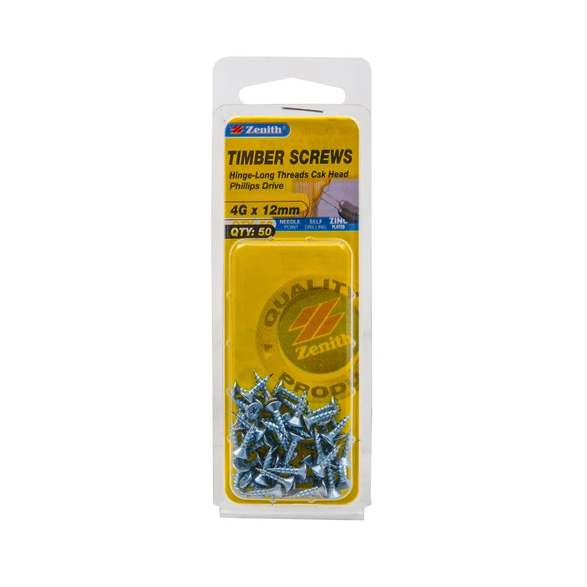 Zenith Hinge Long Thread Screws - 4g x 12mm - 50 Pack - Zinc Plated Countersunk