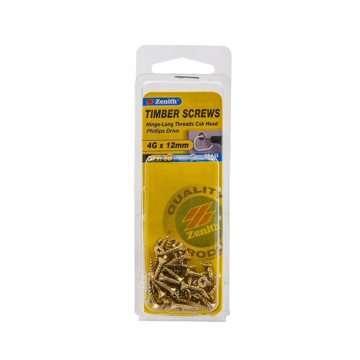 Zenith Hinge Long Thread Screws - 4g x 12mm - Brass Plated - 50 Pack