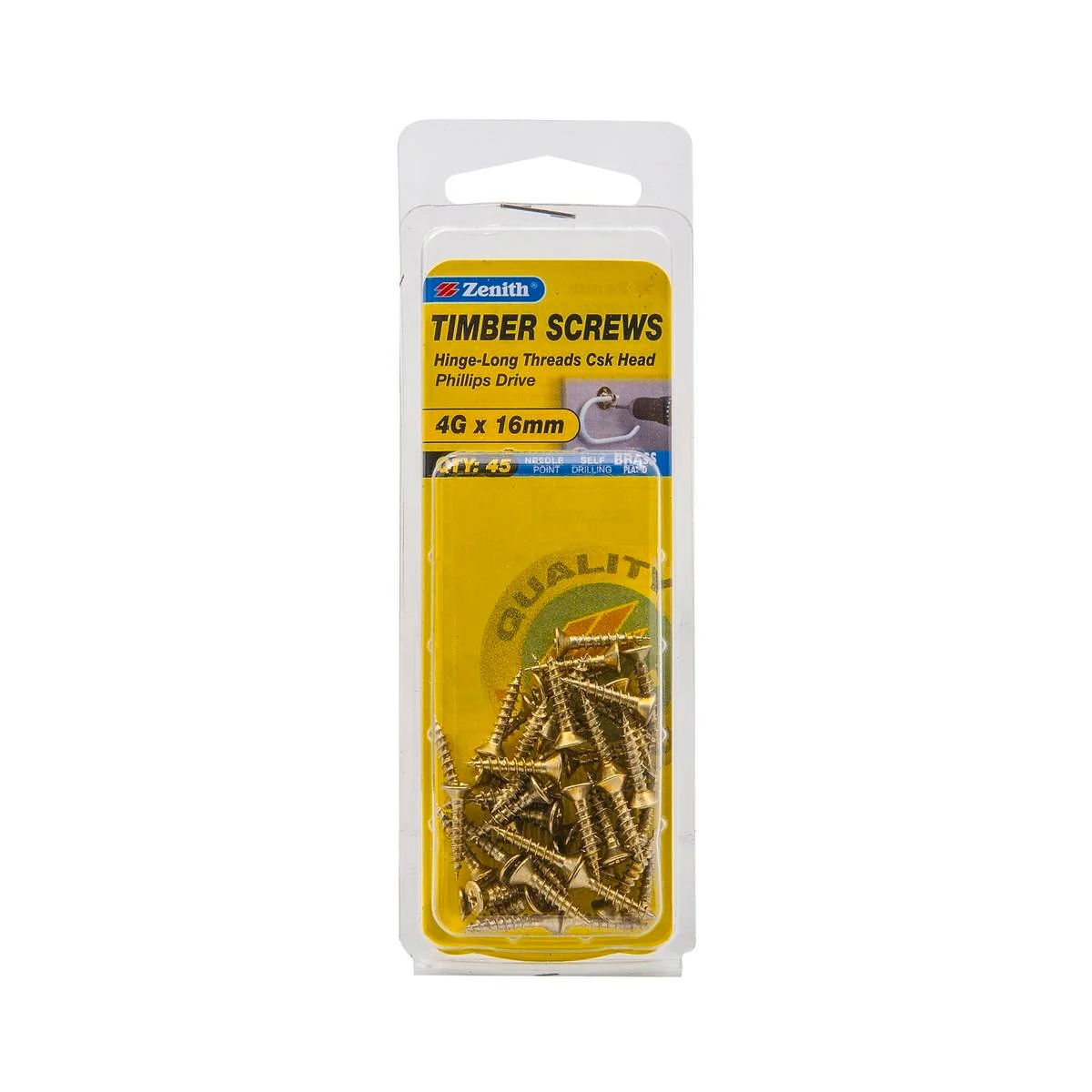 Zenith Hinge Long Thread Screws - 4g x 16mm - Brass Plated - 45 Pack