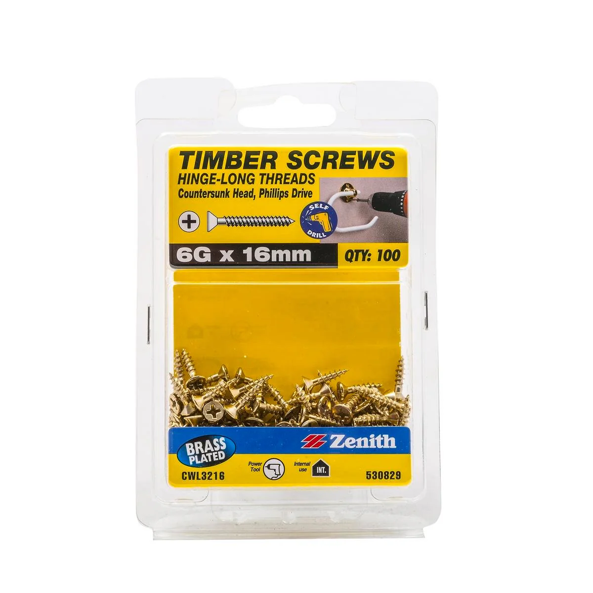 Zenith Hinge Long Thread Screws - 6g x 16mm - Brass Plated - 100 Pack