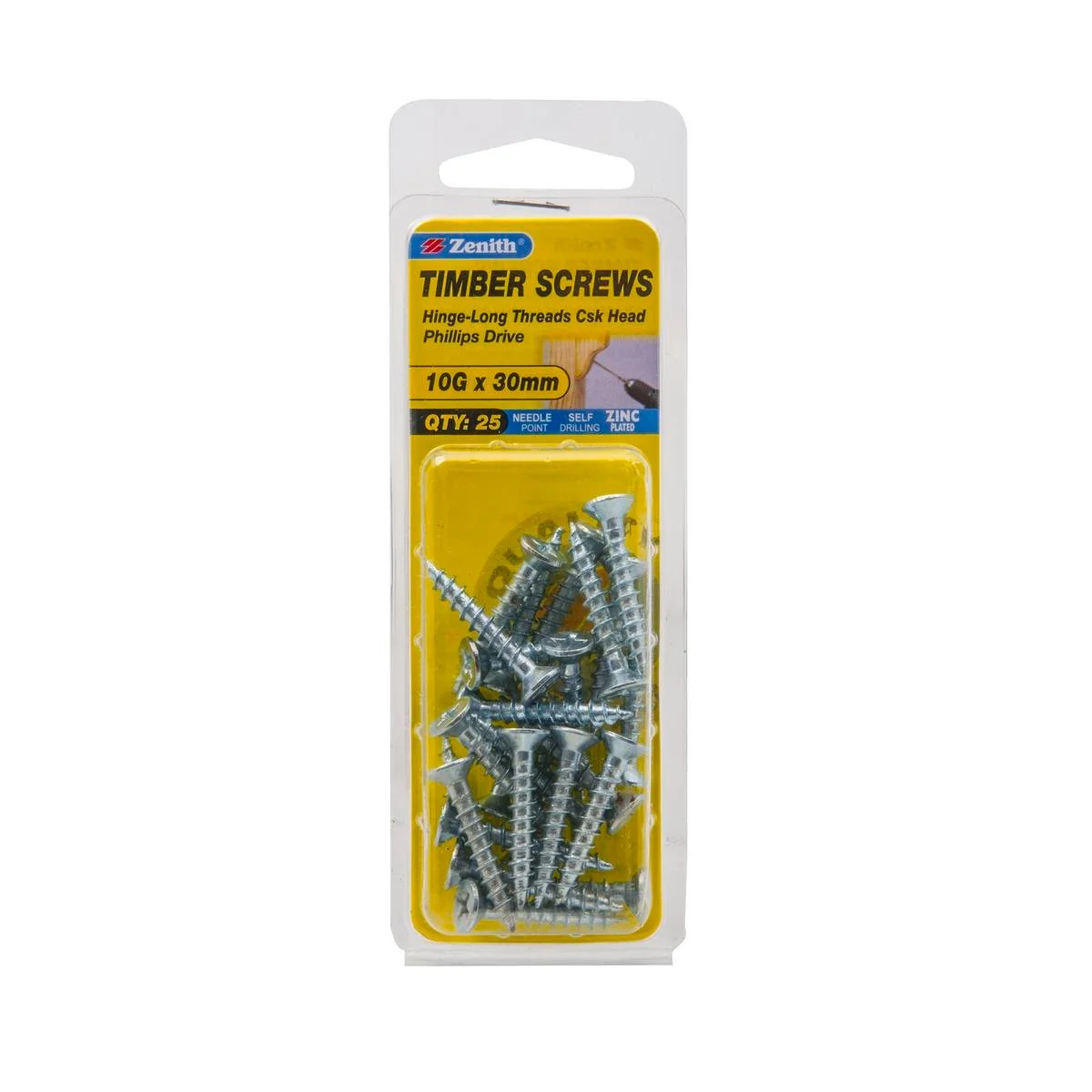 Zenith Hinge Longthread Screw - 10g x 30mm - Zinc Plated - Countersunk - 25 Pack