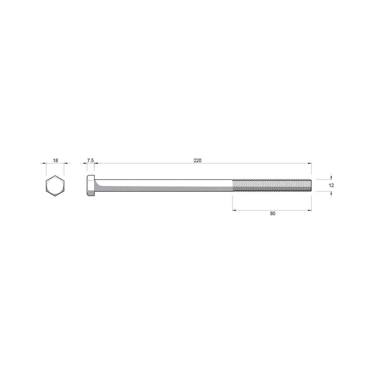Zenith Hot Dipped Galvanised Hex Head Bolt - M12 x 220mm - 4.6 Grade Steel - 1 Pack - Image 2